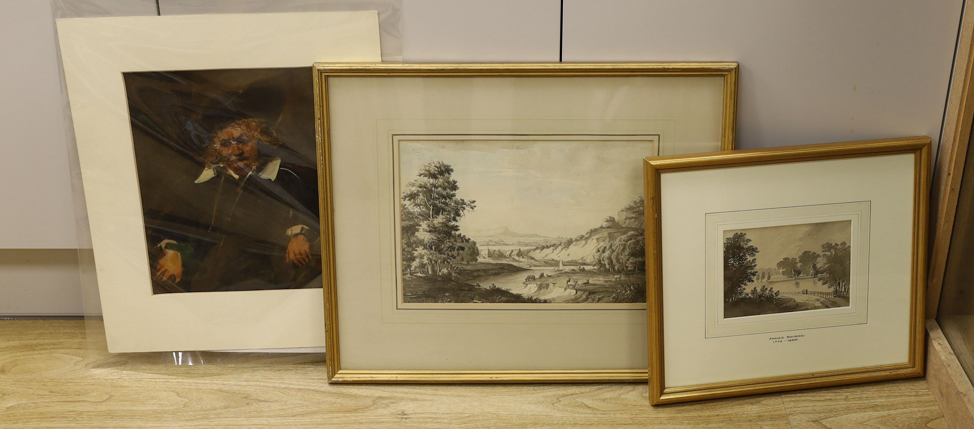 Attributed to Mary Mitford, 1770, watercolour en grisaille, River landscape, Appleby Brothers label verso, 22 x 32cm, a small watercolour attributed to James Bourne and an unframed watercolour, figure study, signed John